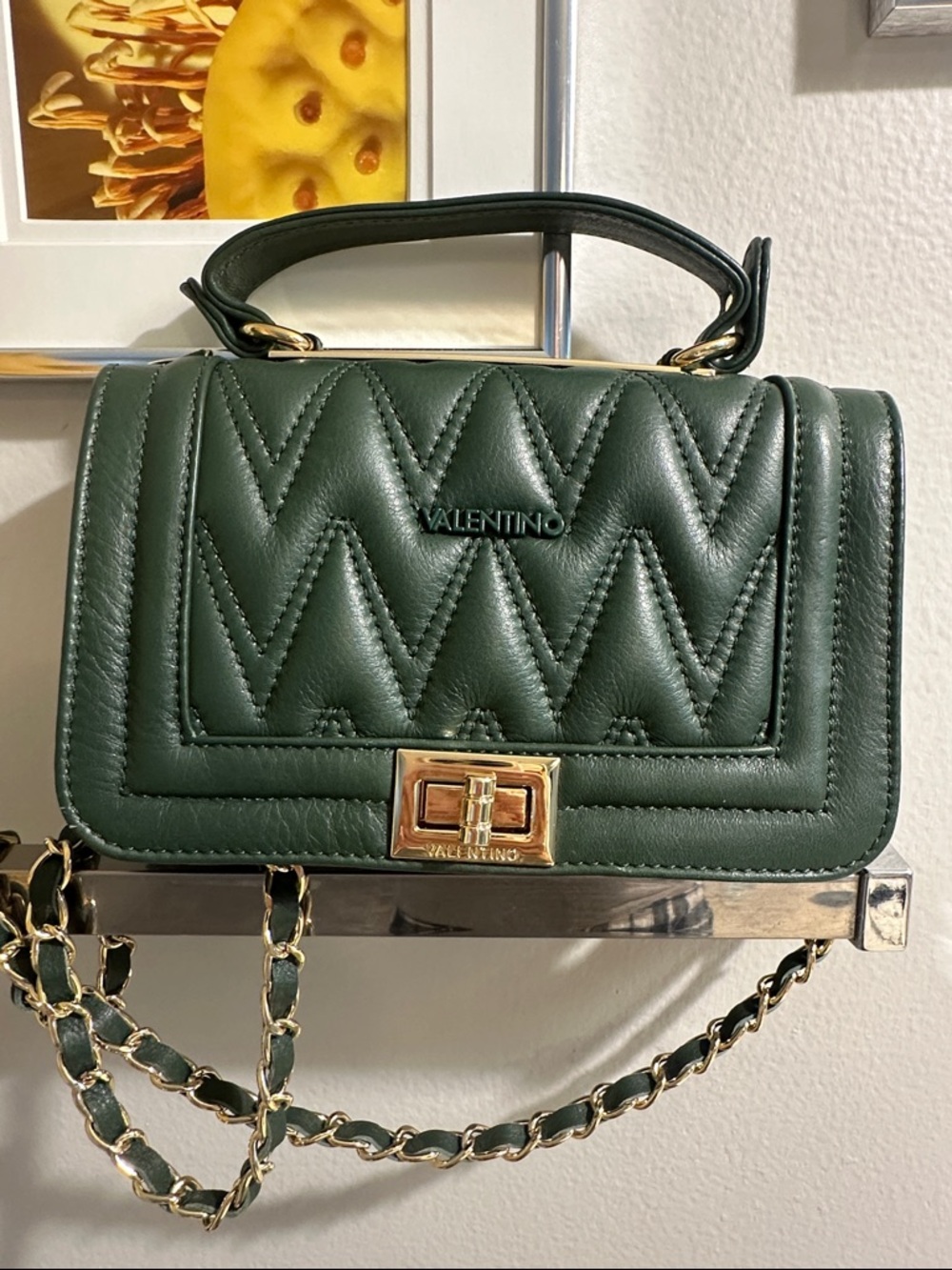 Valentino Dark Green Quilted Leather Shoulder Bag with Gold Hardware